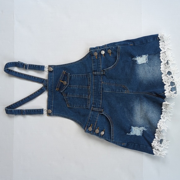 Distressed Embroidered Floral Jean Short Overalls M Blue Y2K Shortalls - Picture 1 of 14